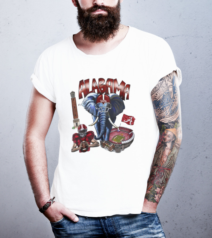 Alabama Crimson Tide Football Elephant Stadium Football Player Old Main Tower Bama T-Shirt