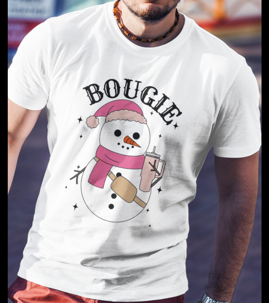 BOUGIE Snowman In Pink Hat And Scarf With Drink Cup T-Shirt