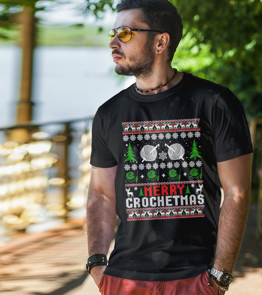 Merry Crochetmas Christmas Yarn Balls Snowflakes Trees Reindeer T-Shirt