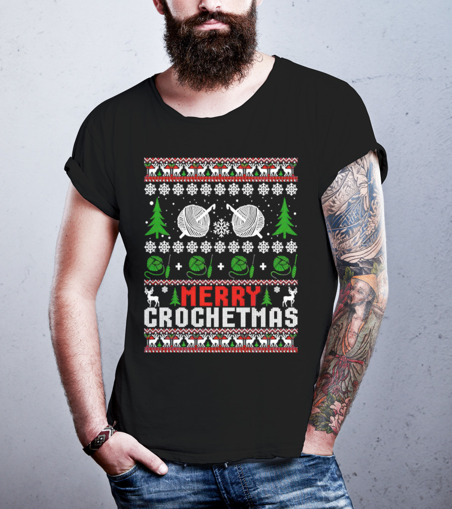 Merry Crochetmas Christmas Yarn Balls Snowflakes Trees Reindeer T-Shirt