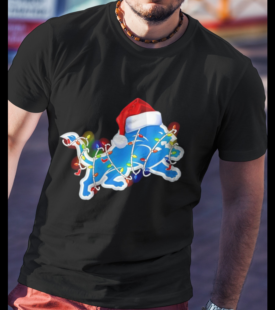 Detroit Lions Christmas Lights Santa Hat Holiday Football T-Shirt