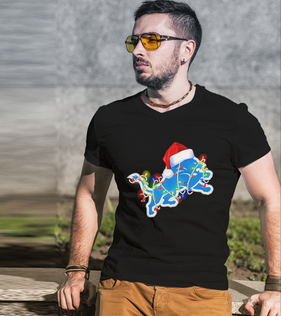 Detroit Lions Christmas Lights Santa Hat Holiday Football T-Shirt