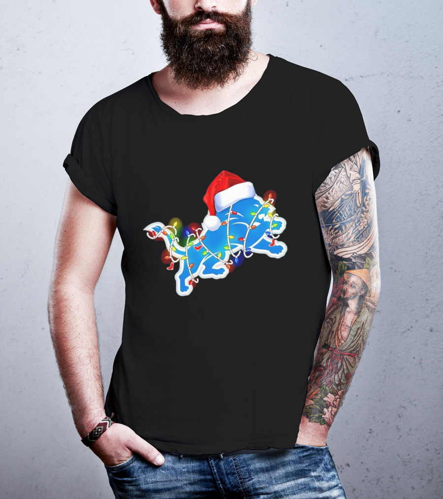 Detroit Lions Christmas Lights Santa Hat Holiday Football T-Shirt