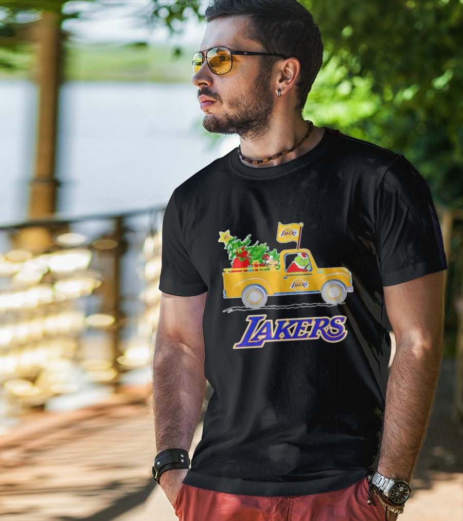 Grinch Driving Los Angeles Lakers Truck With Christmas Tree T-Shirt