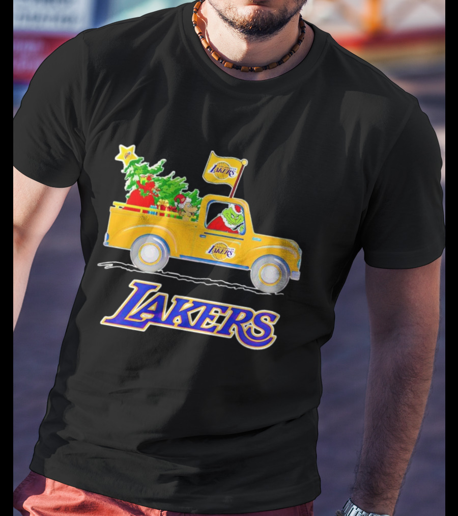 Grinch Driving Los Angeles Lakers Truck With Christmas Tree T-Shirt