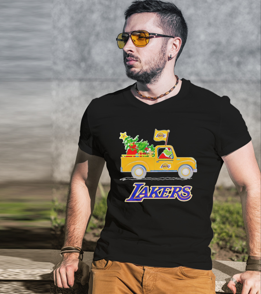 Grinch Driving Los Angeles Lakers Truck With Christmas Tree T-Shirt