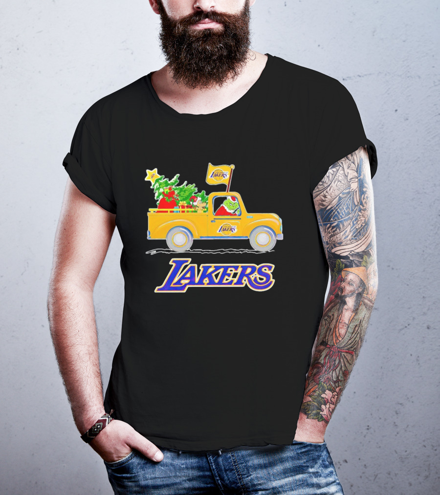 Grinch Driving Los Angeles Lakers Truck With Christmas Tree T-Shirt