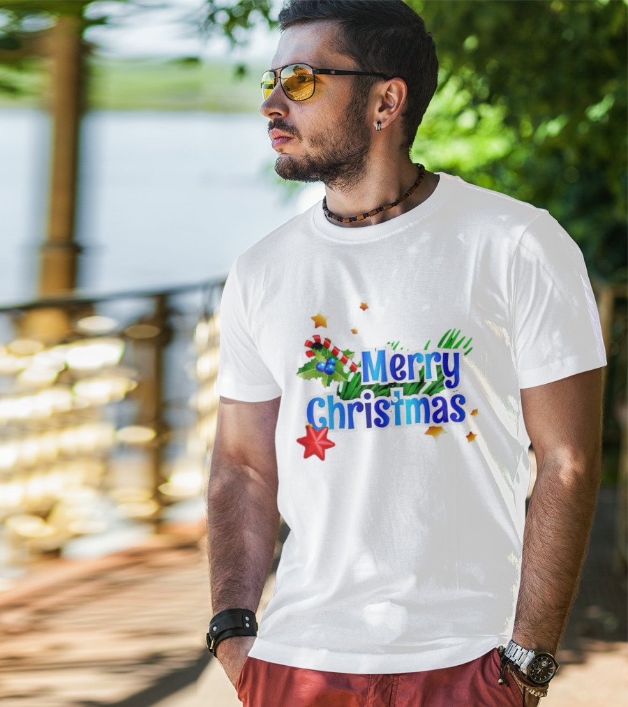 Merry Christmas Candy Cane Holly Pine Red Star T-Shirt