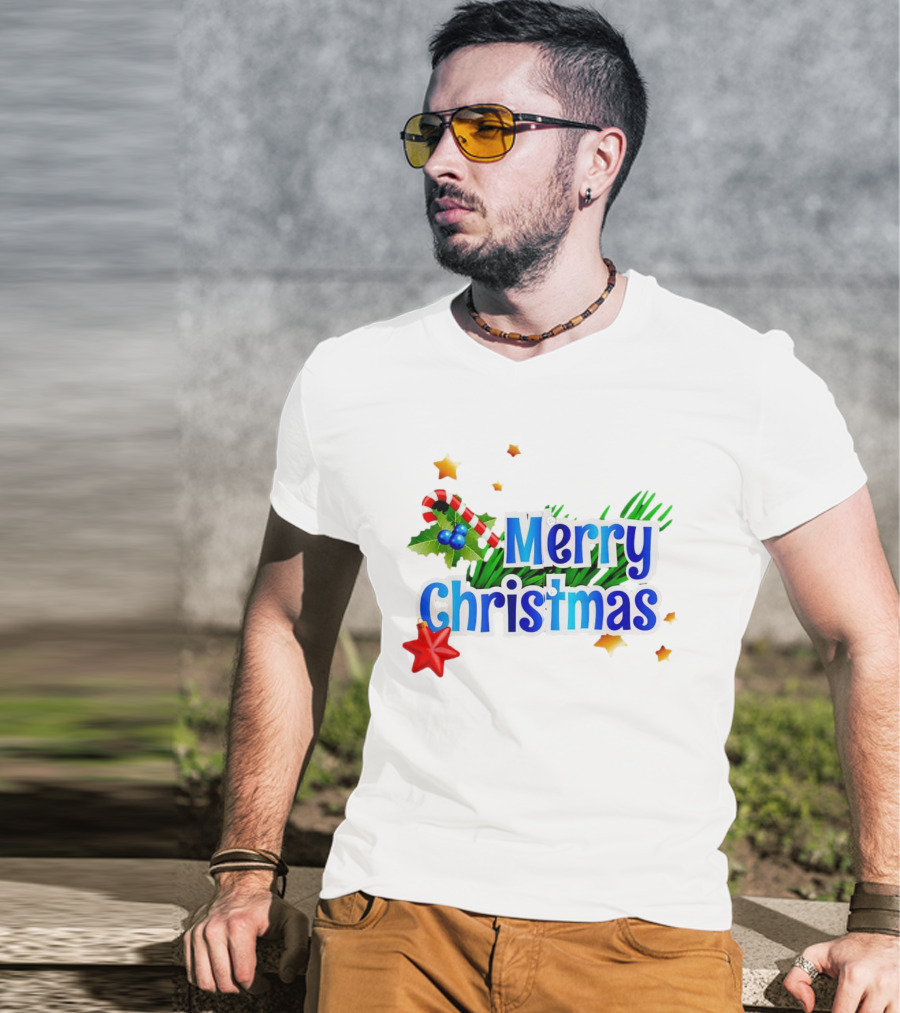 Merry Christmas Candy Cane Holly Pine Red Star T-Shirt