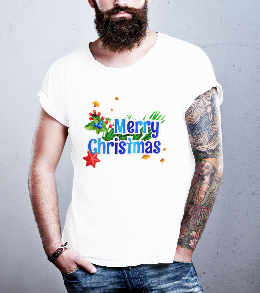 Merry Christmas Candy Cane Holly Pine Red Star T-Shirt