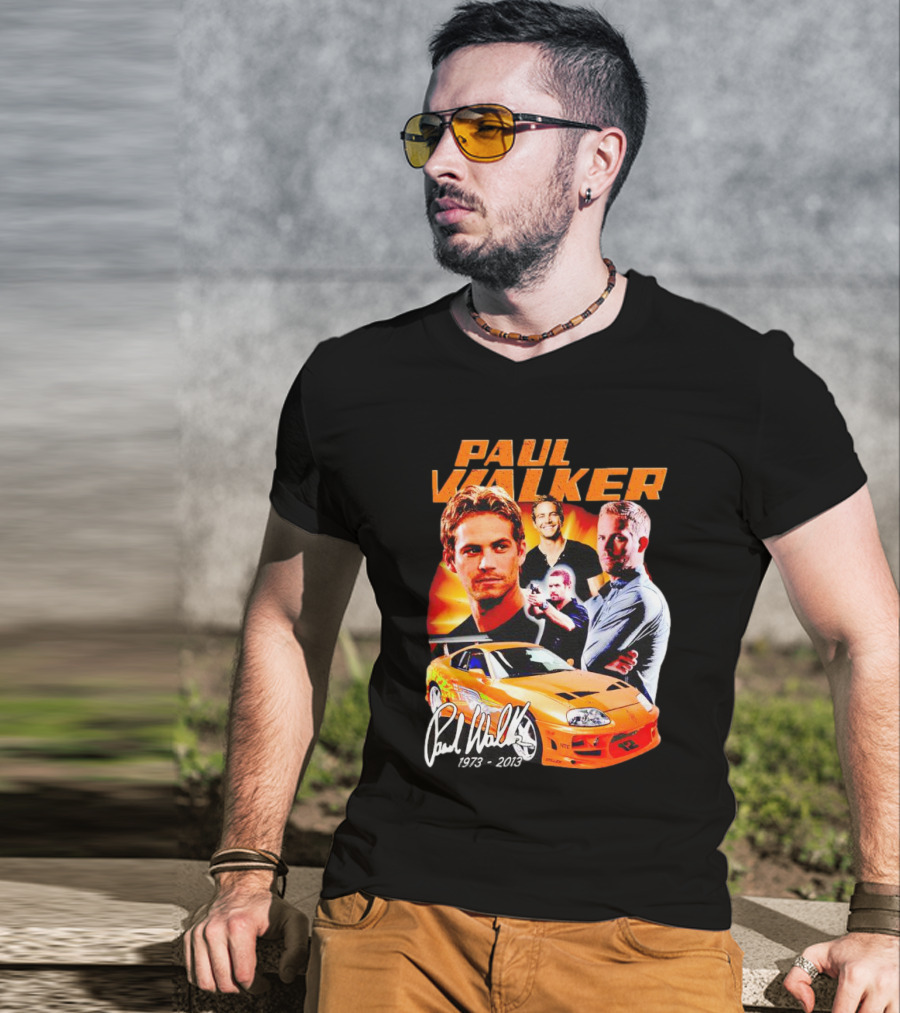 Paul Walker 1973-2013 Collage Signature Orange Car T-Shirt