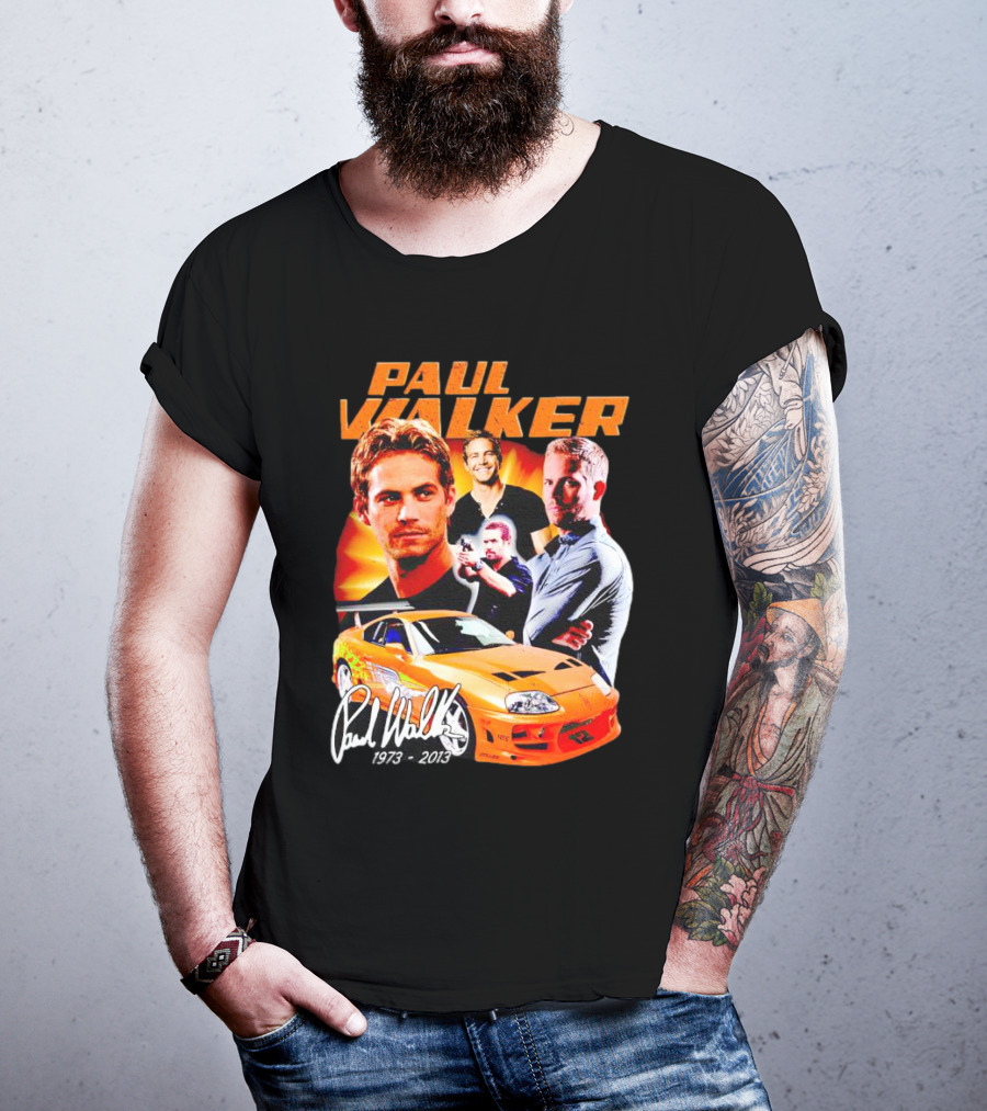 Paul Walker 1973-2013 Collage Signature Orange Car T-Shirt
