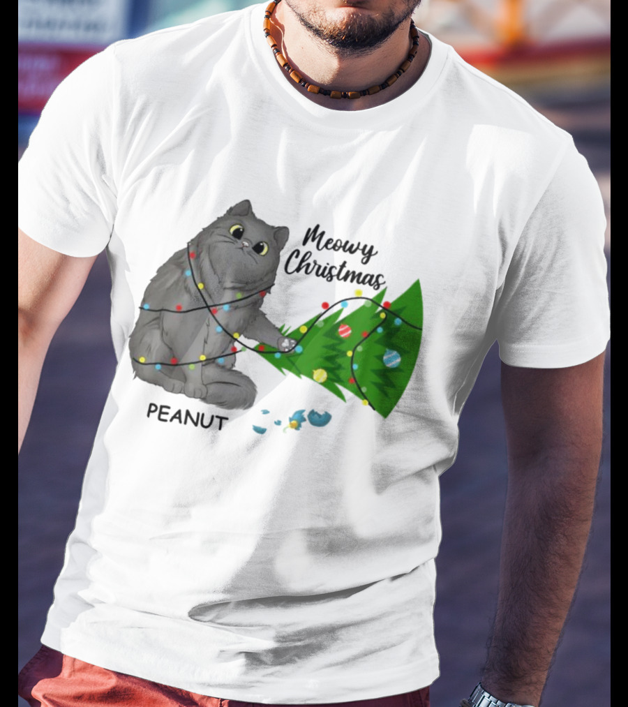 Meowy Christmas Cat Wrapped In Lights With Custom Name Peanut T-Shirt