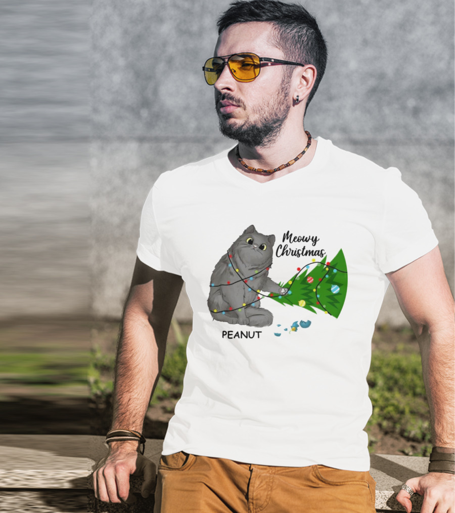 Meowy Christmas Cat Wrapped In Lights With Custom Name Peanut T-Shirt