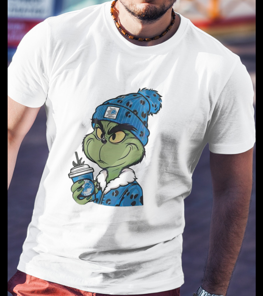 Grinch Wearing Detroit Lions Winter Outfit Holding Drink Christmas T-Shirt
