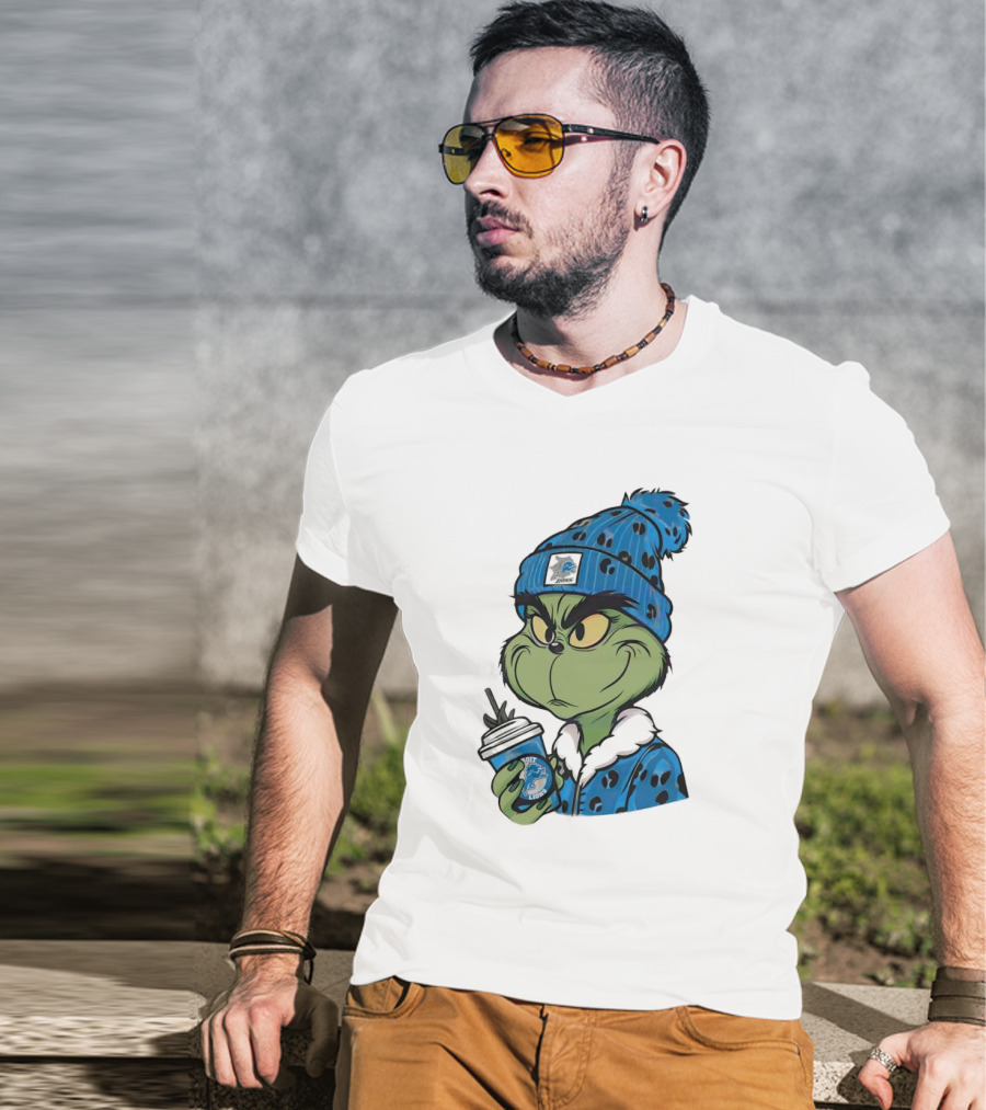 Grinch Wearing Detroit Lions Winter Outfit Holding Drink Christmas T-Shirt