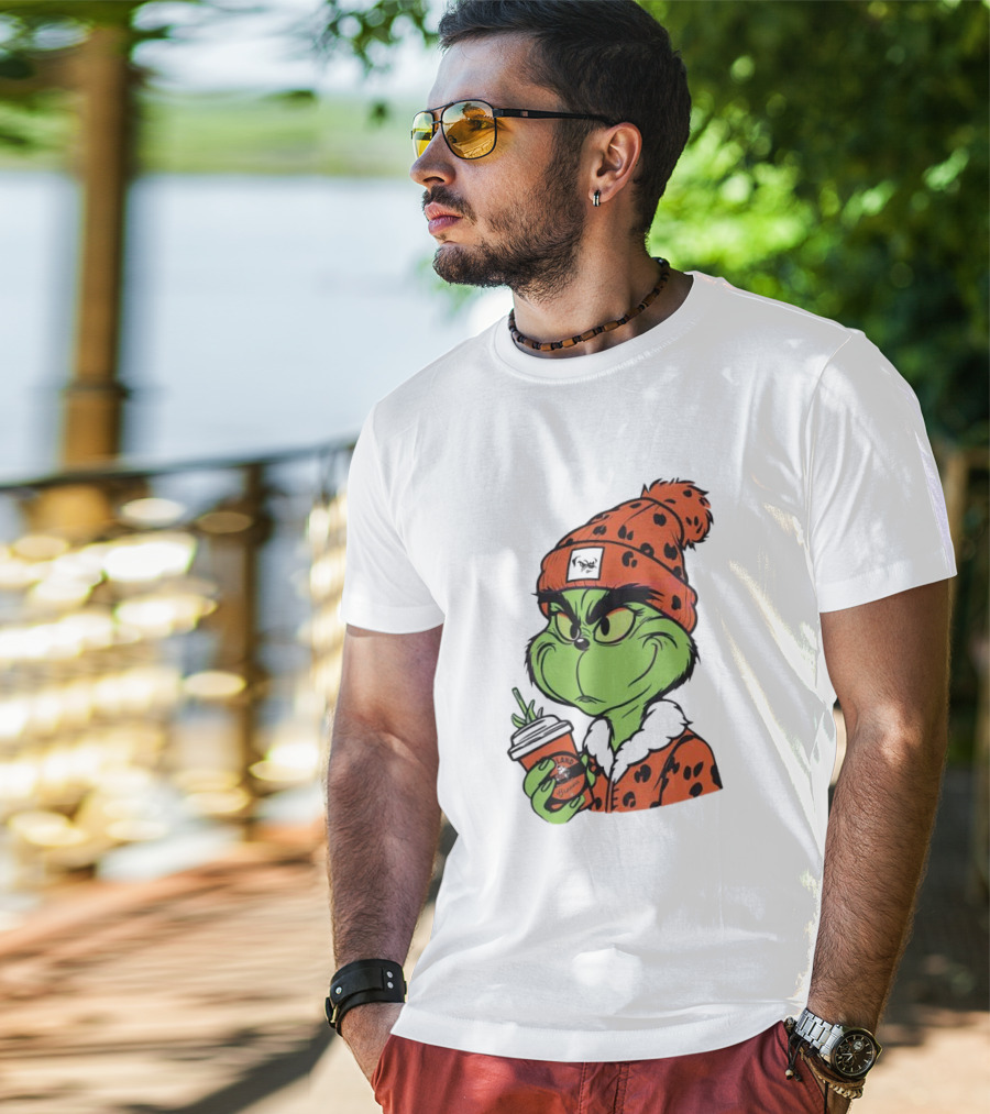 Grinch Wears Orange Beanie Holds Browns Mug Christmas T-Shirt