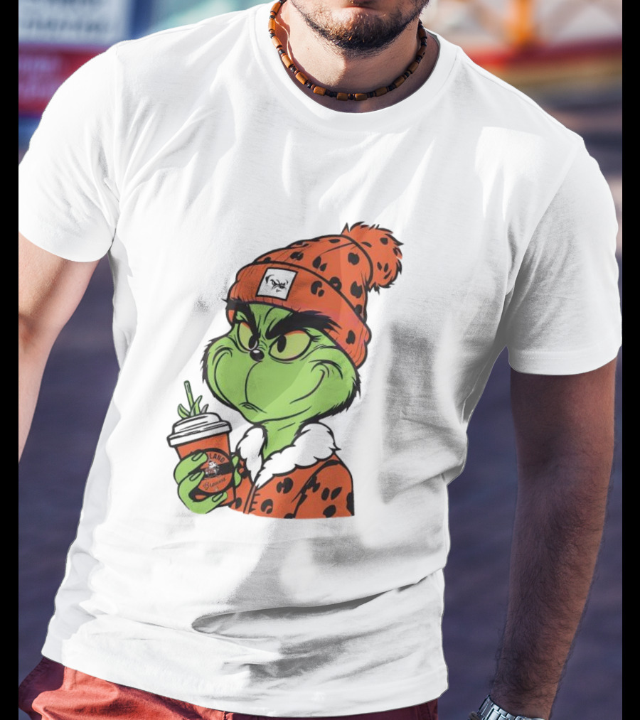 Grinch Wears Orange Beanie Holds Browns Mug Christmas T-Shirt
