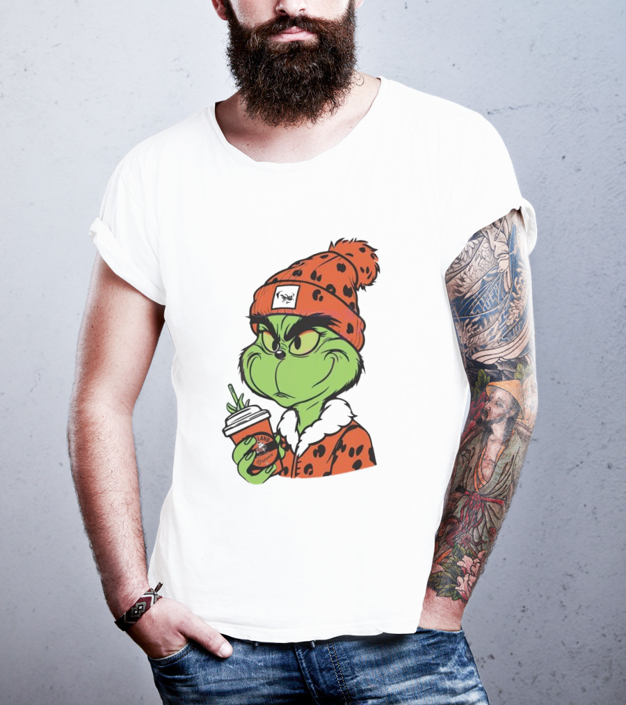 Grinch Wears Orange Beanie Holds Browns Mug Christmas T-Shirt