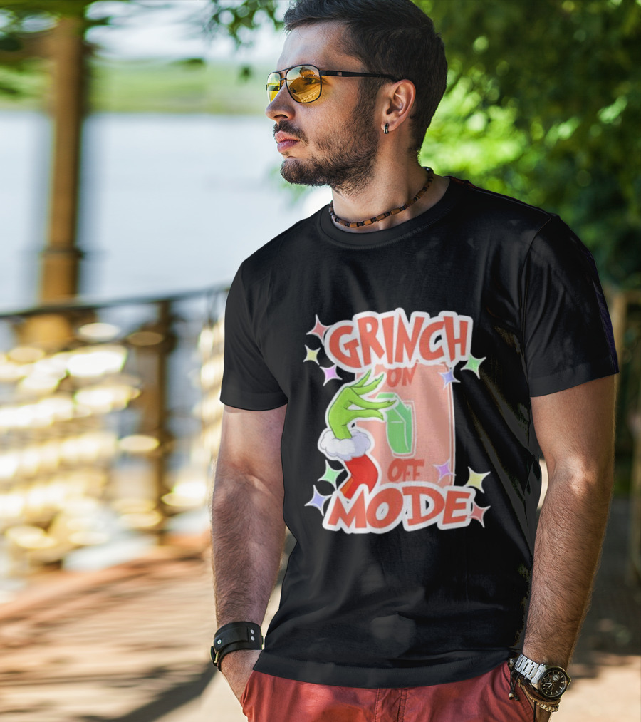 Grinch On Off Mode Green Furry Hand Lightswitch Stars T-Shirt