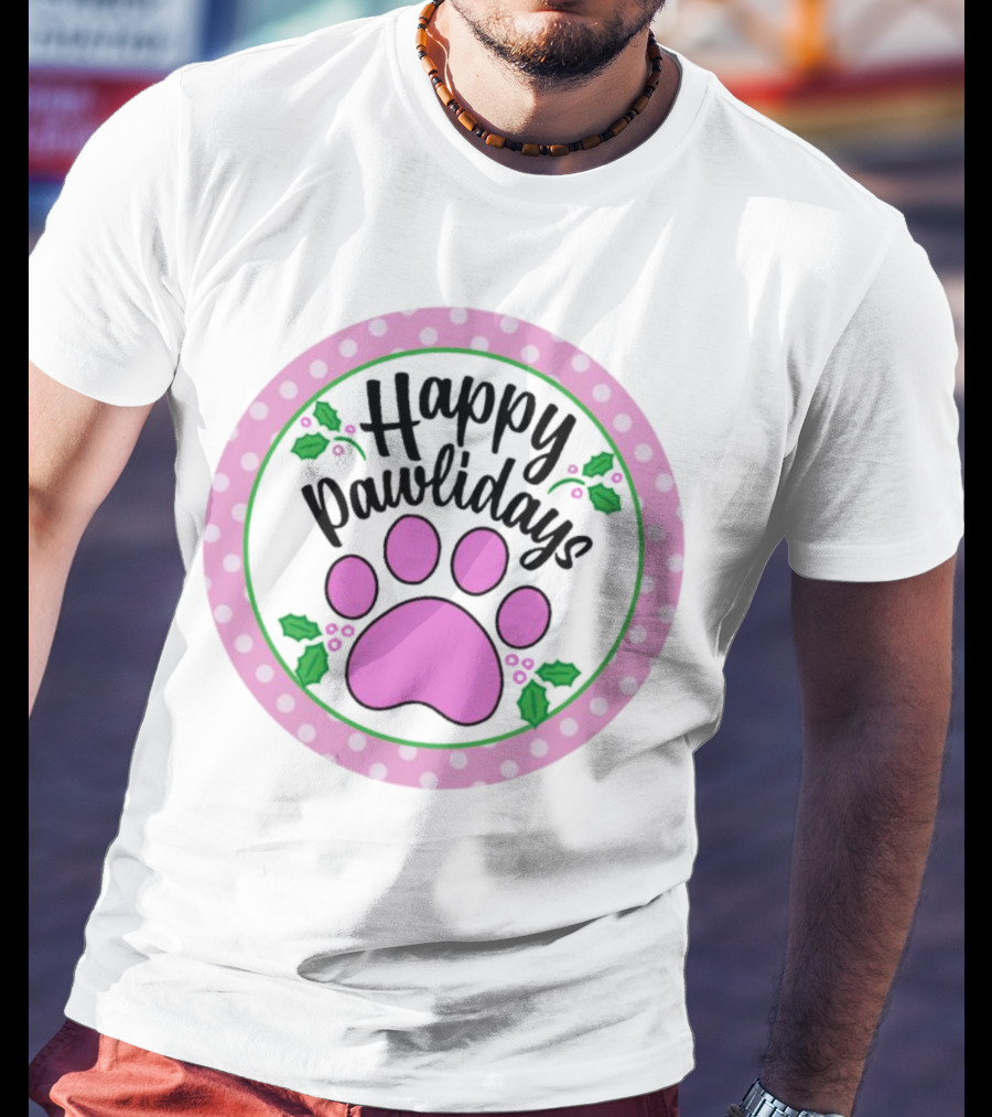 Happy Pawlidays Pink Paw Print With Holly Border Christmas T-Shirt