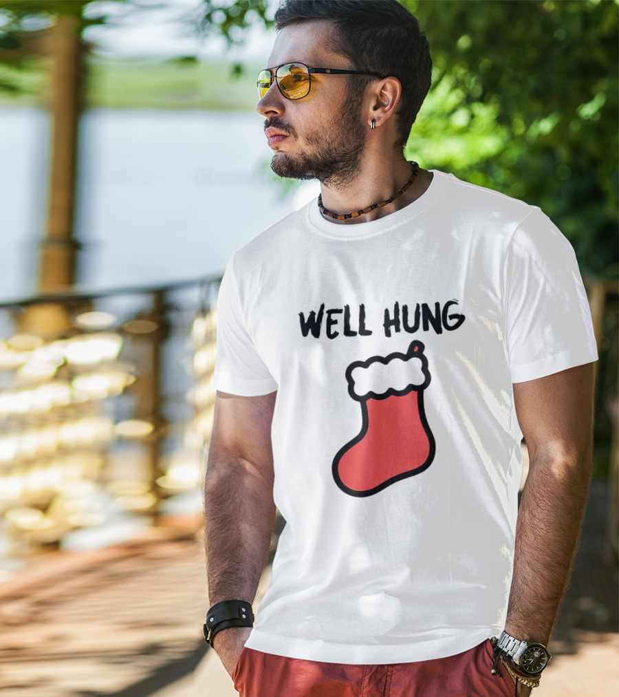 Well Hung Red Christmas Stocking Holiday Pun T-Shirt