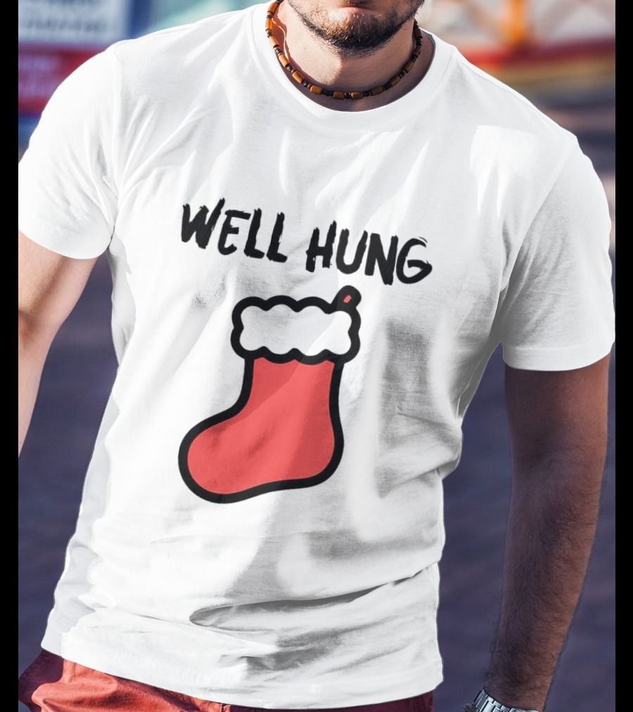 Well Hung Red Christmas Stocking Holiday Pun T-Shirt