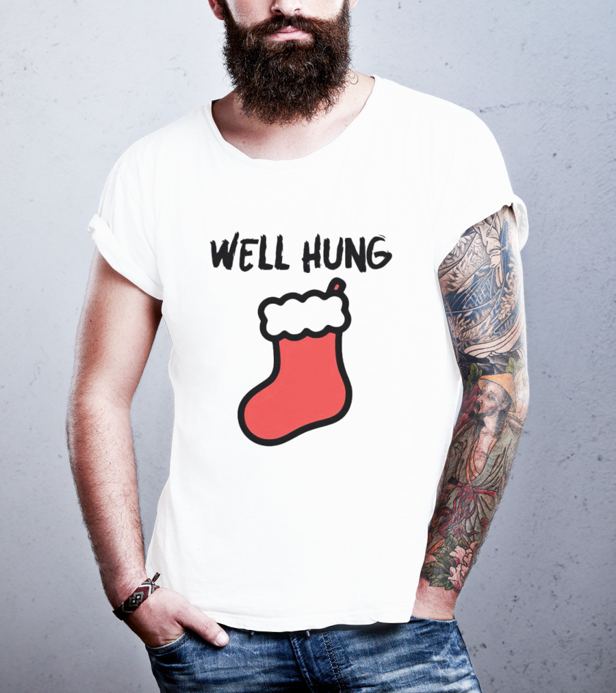 Well Hung Red Christmas Stocking Holiday Pun T-Shirt