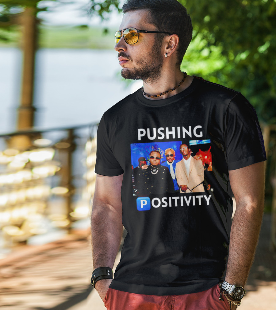 Pushing Positivity Iconic Trio With Blue Background T-Shirt