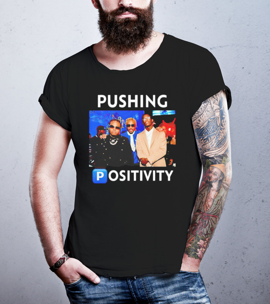 Pushing Positivity Iconic Trio With Blue Background T-Shirt