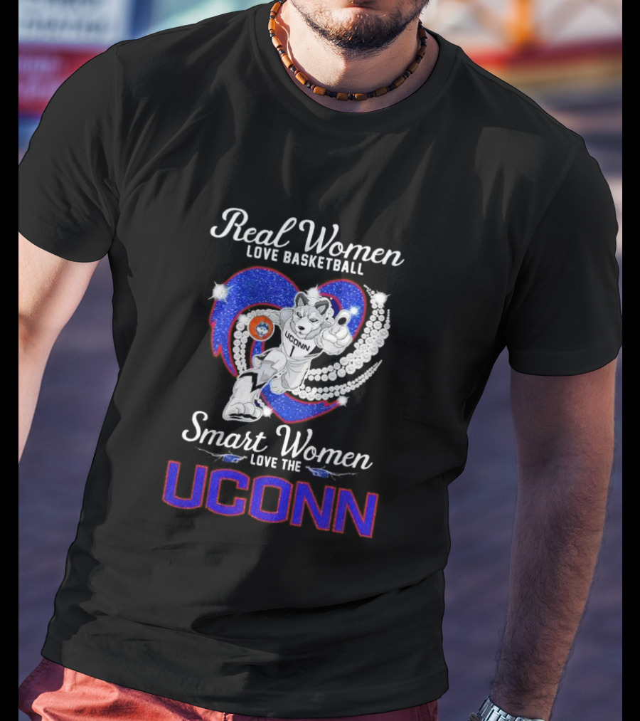 Real Women Love Basketball Smart Women Love The UConn Huskies UConn Basketball Fan Heart T-Shirt