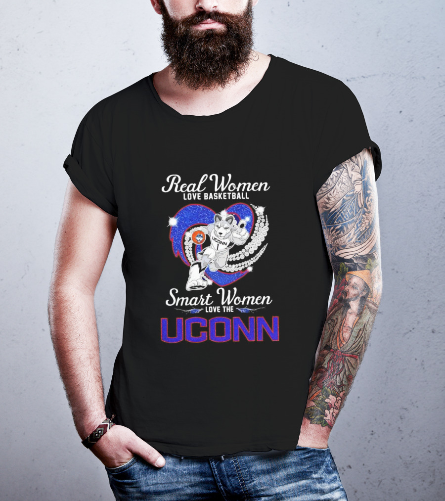 Real Women Love Basketball Smart Women Love The UConn Huskies UConn Basketball Fan Heart T-Shirt