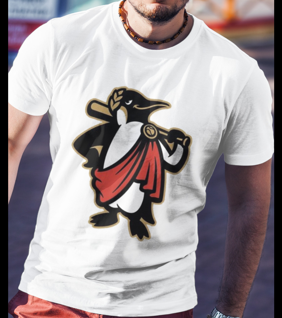 Rome Emperors Penguin In Red Toga With Baseball Bat And Laurel Wreath T-Shirt