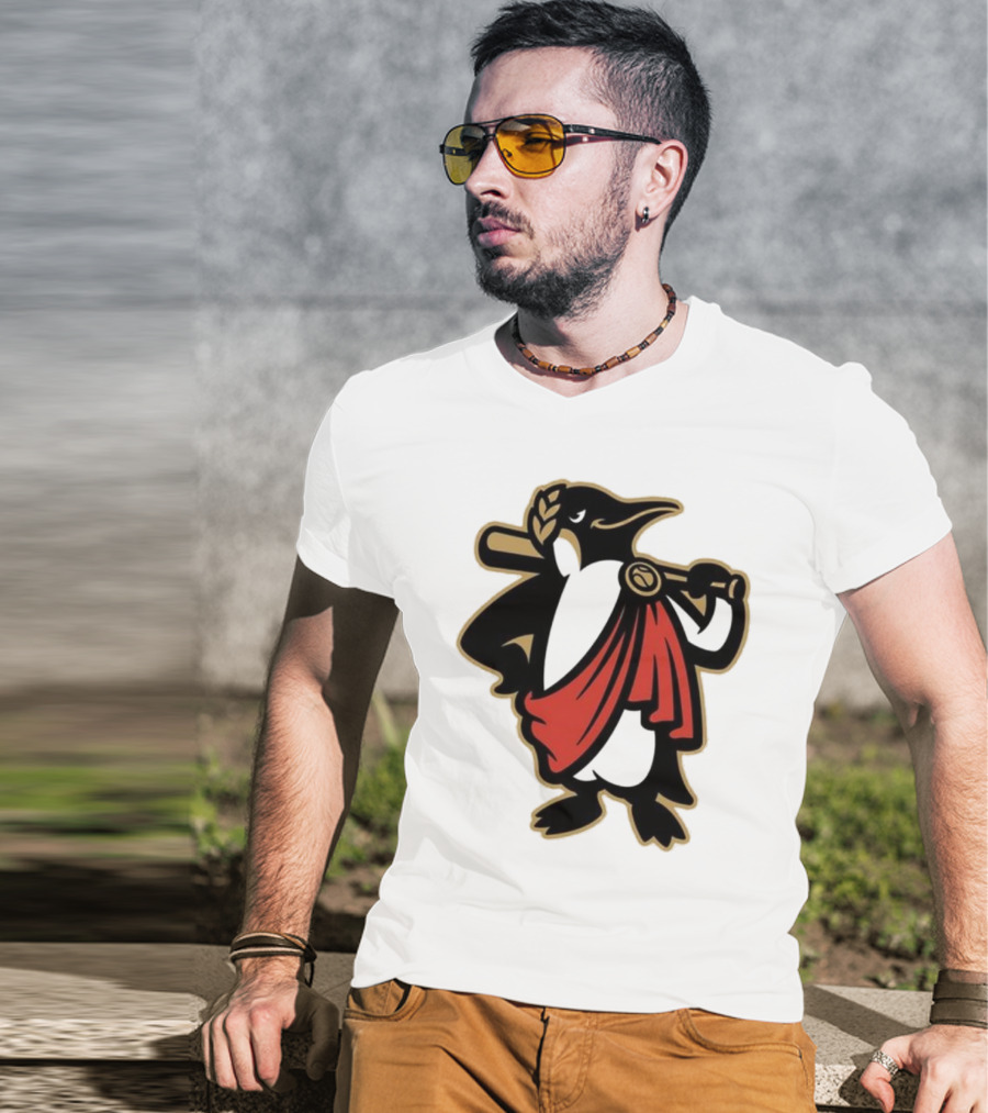 Rome Emperors Penguin In Red Toga With Baseball Bat And Laurel Wreath T-Shirt
