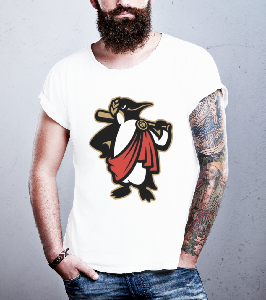 Rome Emperors Penguin In Red Toga With Baseball Bat And Laurel Wreath T-Shirt