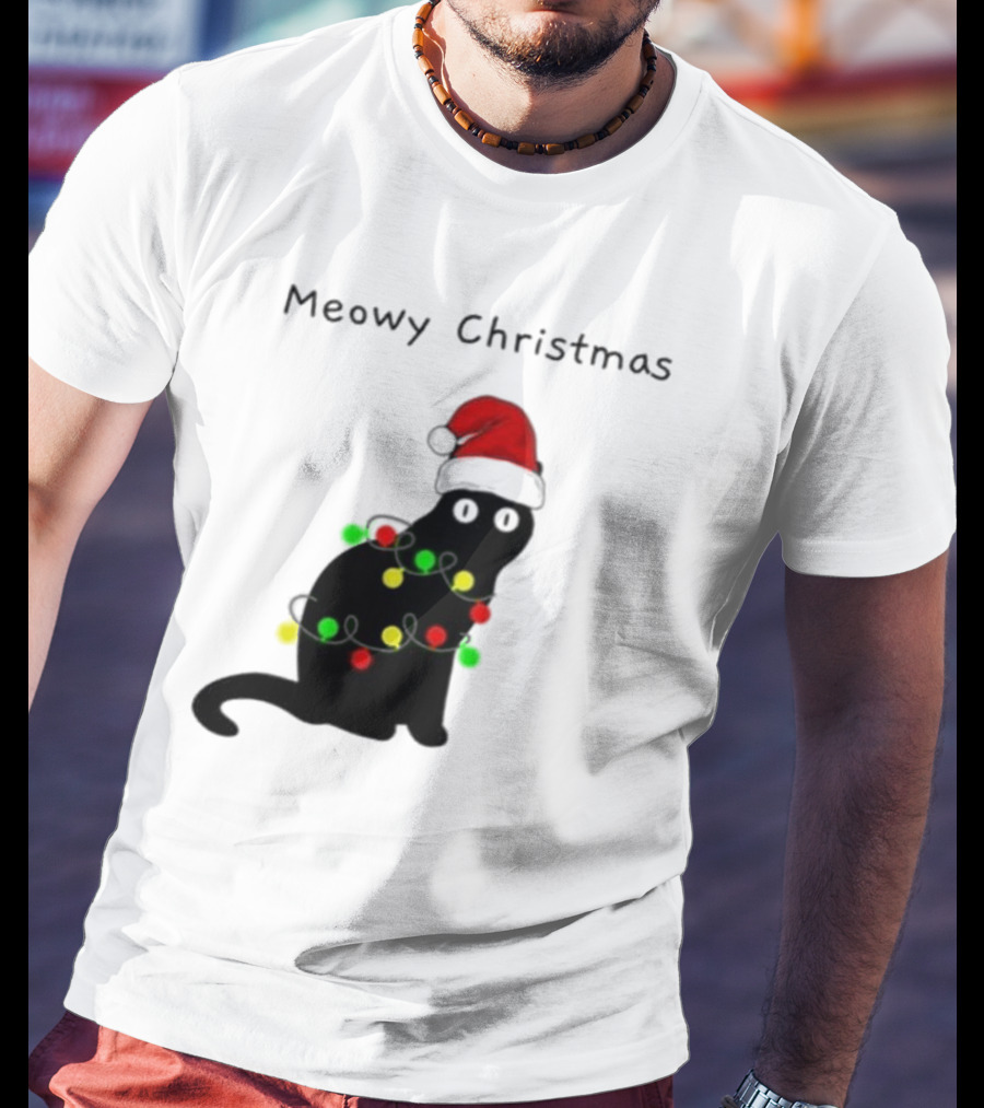 Meowy Christmas Santa Cat With Lights T-Shirt