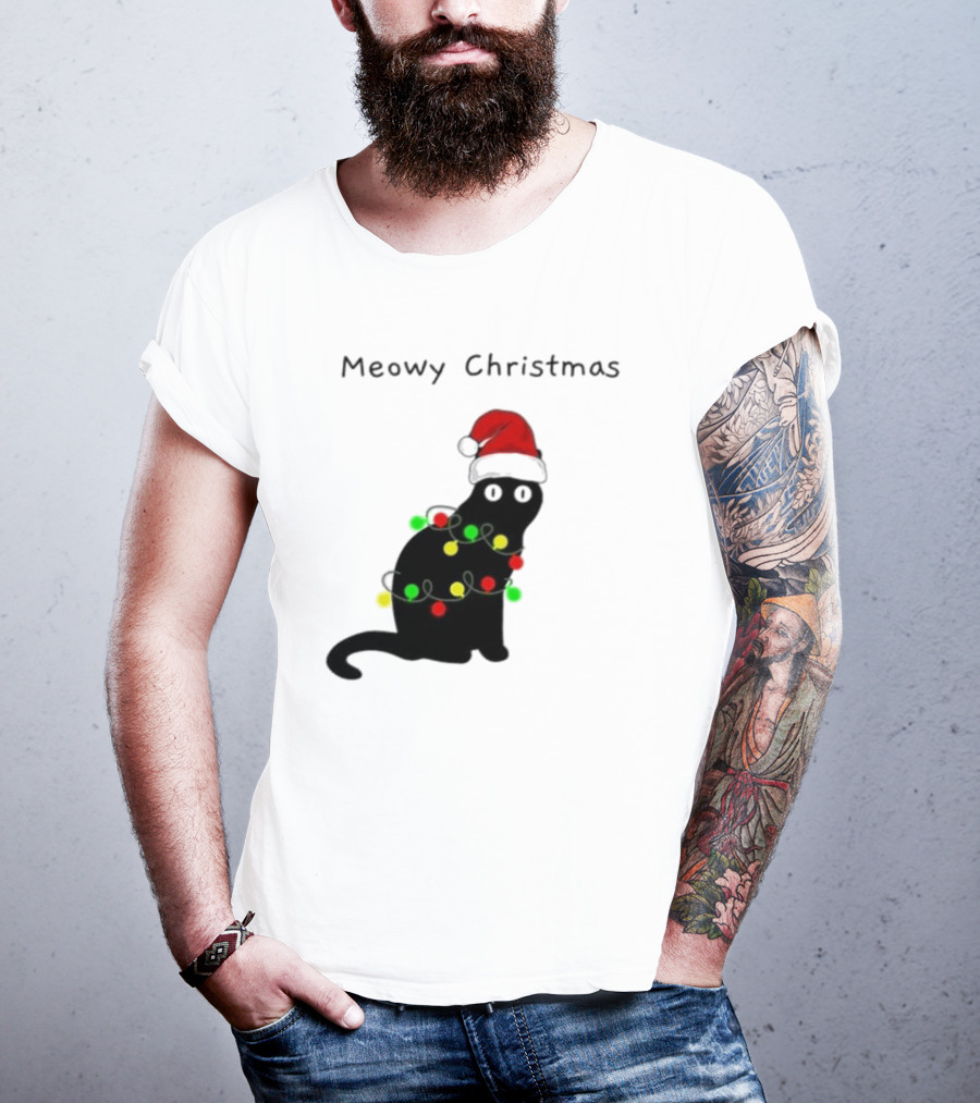 Meowy Christmas Santa Cat With Lights T-Shirt