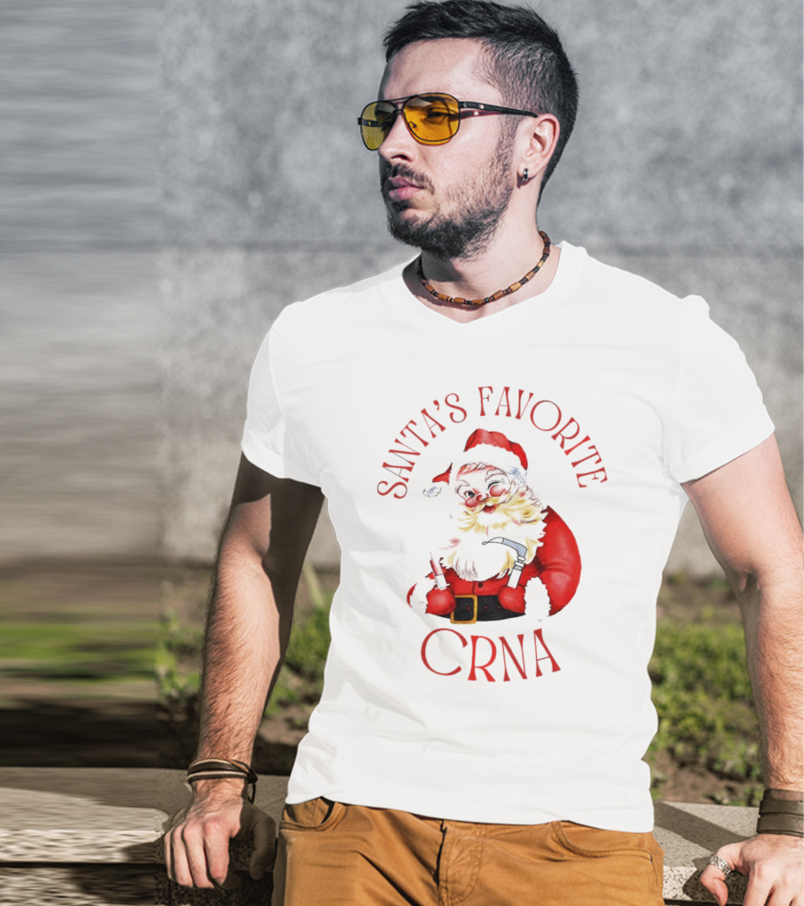 Santa's Favorite CRNA Christmas Festive Red Suit And Beard T-Shirt