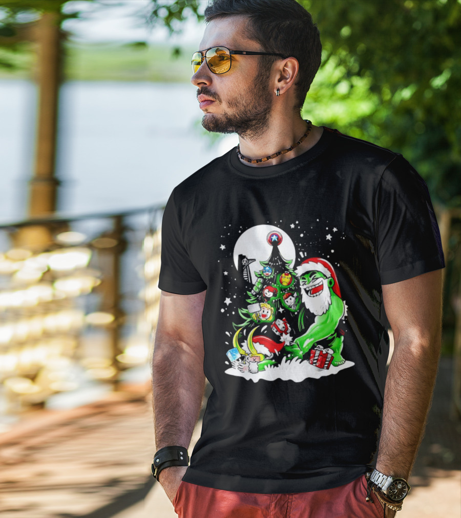 The Avengers Marvel Characters Christmas Tree With Hulk Santa And Superhero Ornaments T-Shirt