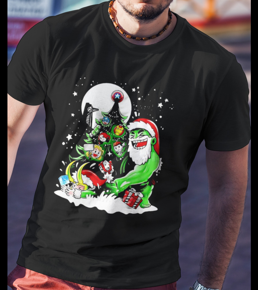 The Avengers Marvel Characters Christmas Tree With Hulk Santa And Superhero Ornaments T-Shirt
