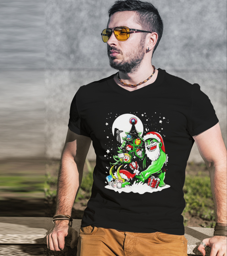 The Avengers Marvel Characters Christmas Tree With Hulk Santa And Superhero Ornaments T-Shirt