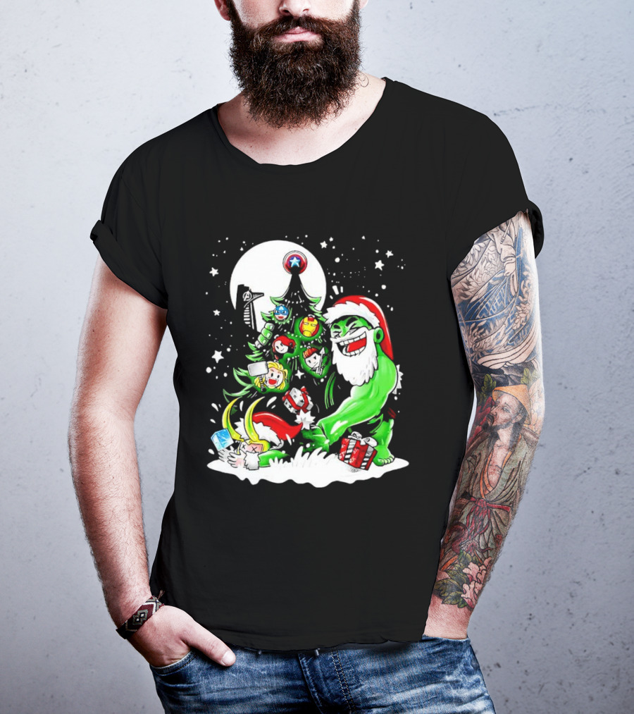 The Avengers Marvel Characters Christmas Tree With Hulk Santa And Superhero Ornaments T-Shirt