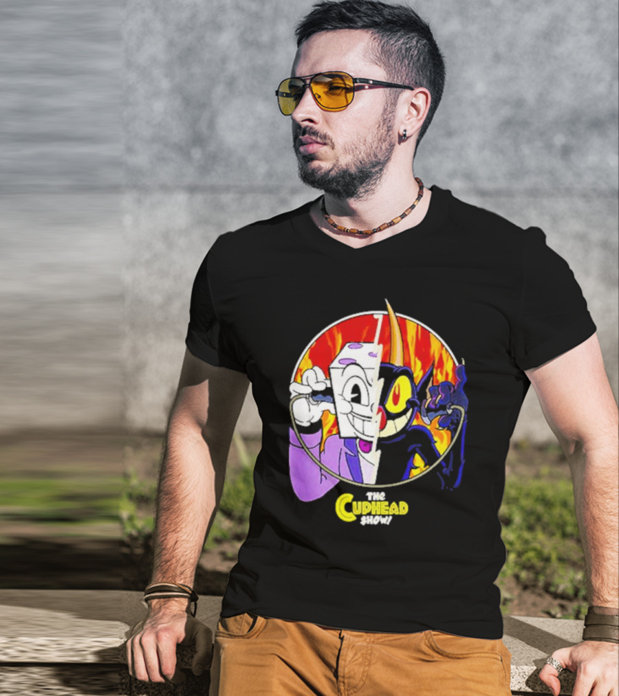 The Cuphead Show King Dice Devil Iconic Faces Fiery Background T-Shirt