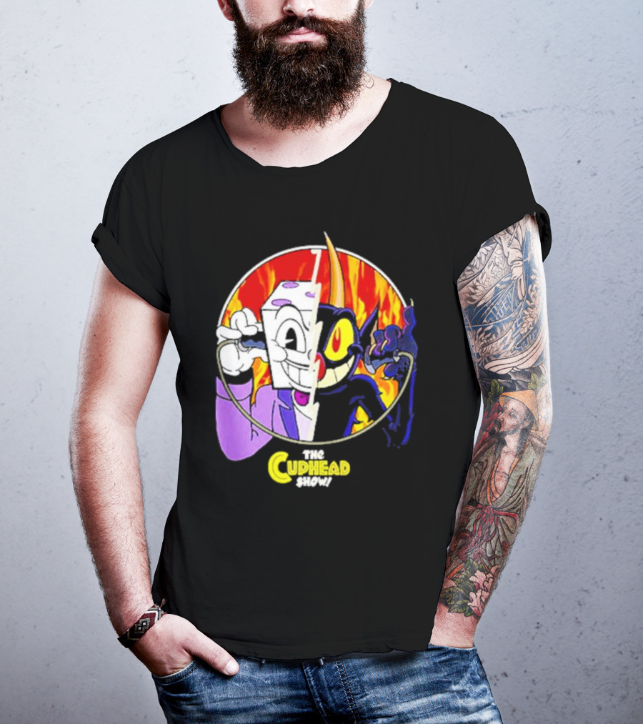 The Cuphead Show King Dice Devil Iconic Faces Fiery Background T-Shirt