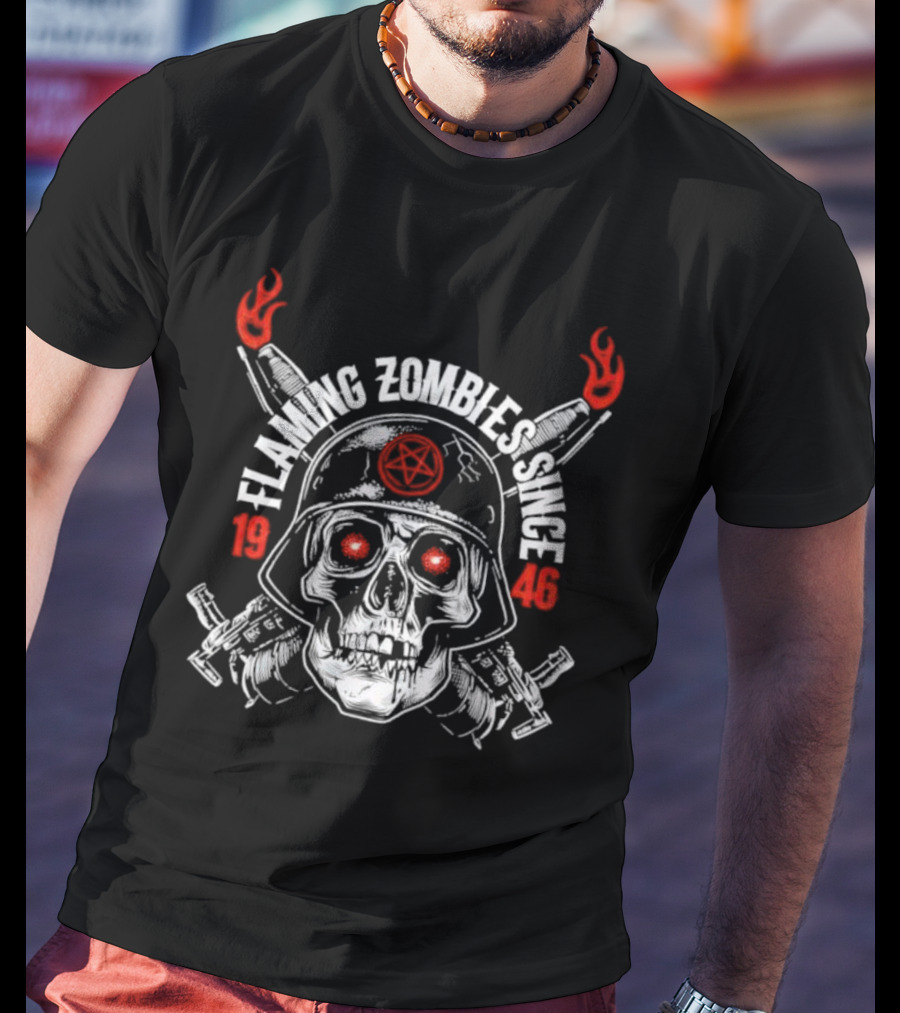 Flaming Zombies Since 1946 Skull With Flaming Bazookas And Pentagram Helmet T-Shirt