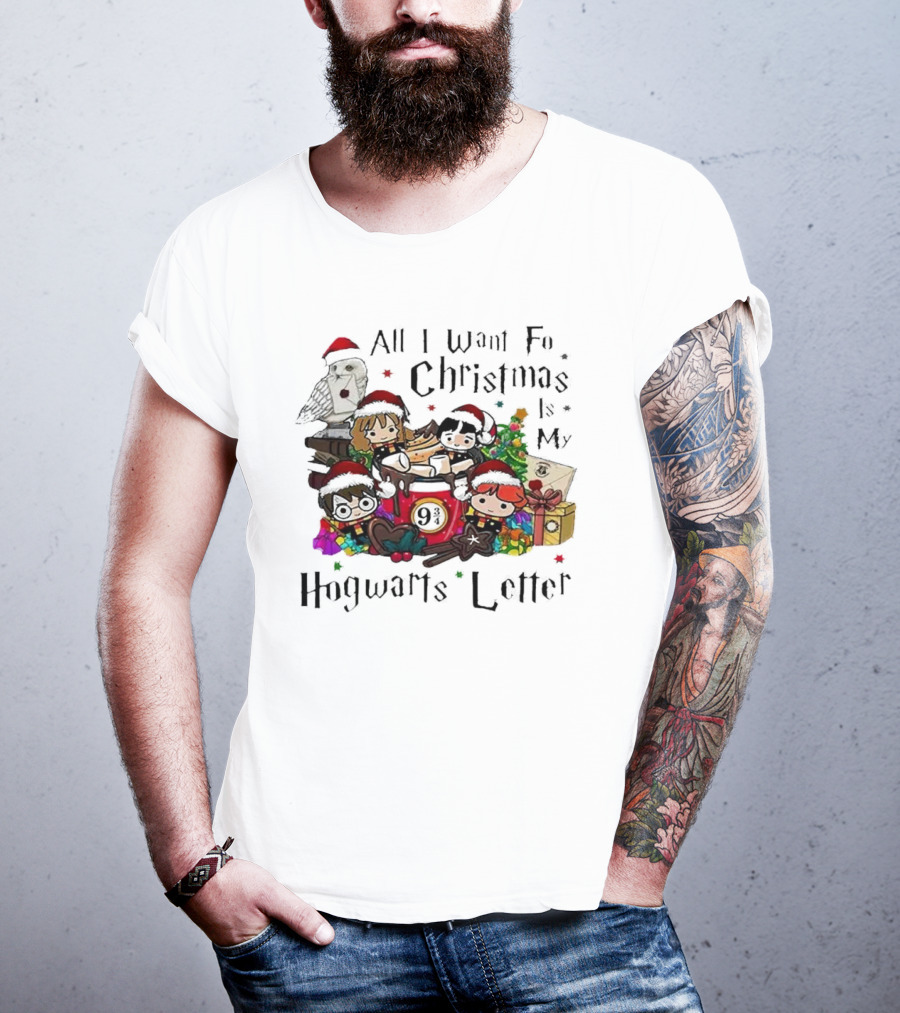 All I Want For Christmas Is My Hogwarts Letter Platform 9¾ With Owl Santa Hats And Gifts T-Shirt