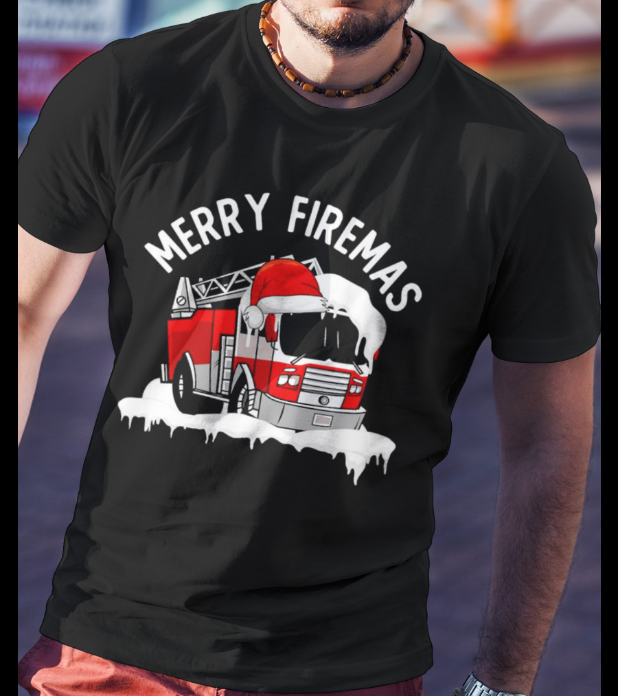 Merry Firemas Fire Truck Santa Hat Christmas T-Shirt