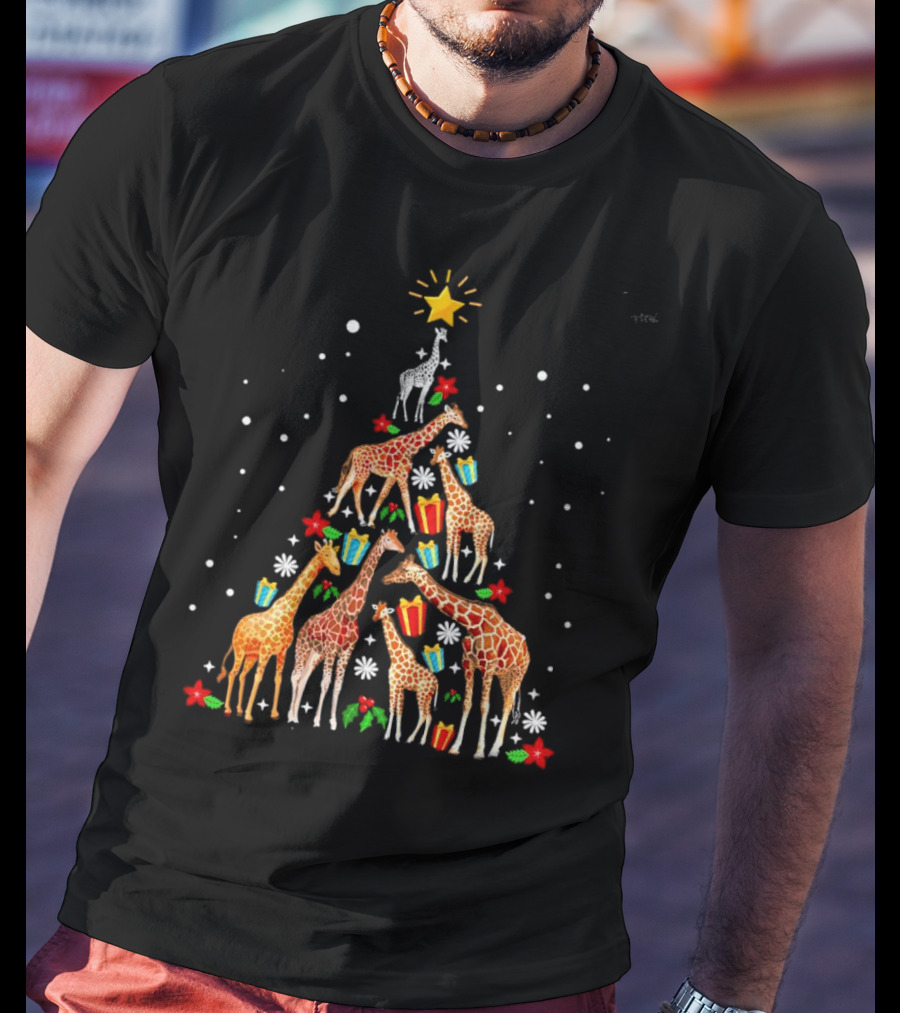 Giraffe Christmas Tree Star Presents Snowflakes T-Shirt