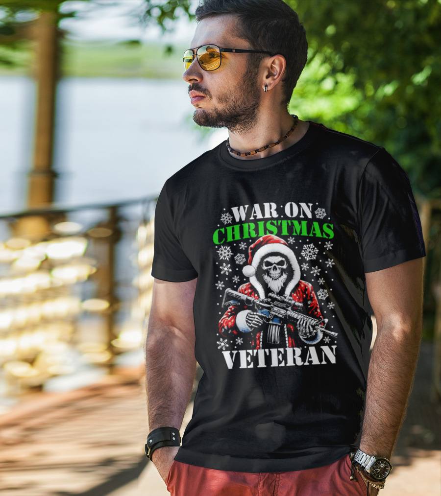 War On Christmas Veteran Skeleton Santa With Rifle Snowflakes T-Shirt