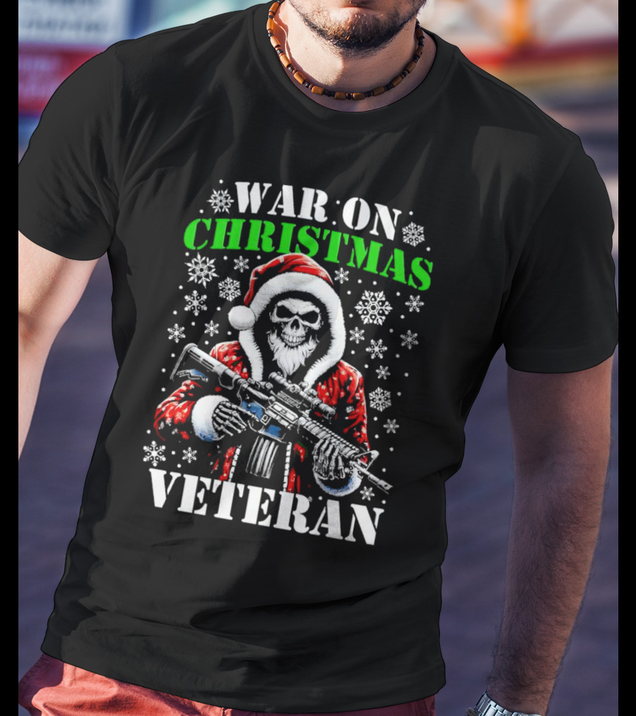 War On Christmas Veteran Skeleton Santa With Rifle Snowflakes T-Shirt